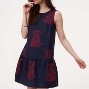 ⭐️ LOFT Blue and Red Sleeveless Embroidered Midi Dress
